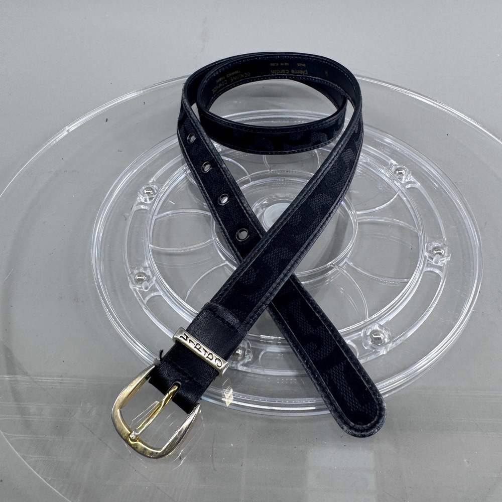 Pierre Cardin Womens Monogram Leather Trimmed Belt Black Gold Buckle Size M VTG